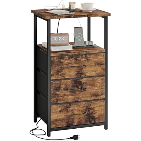 Fixwal Night Stand with 3 Fabric Drawers, Tall Nightstand for Bedroom, Bedside Table with Charging Station End Table with Storage, Rustic Brown Cover