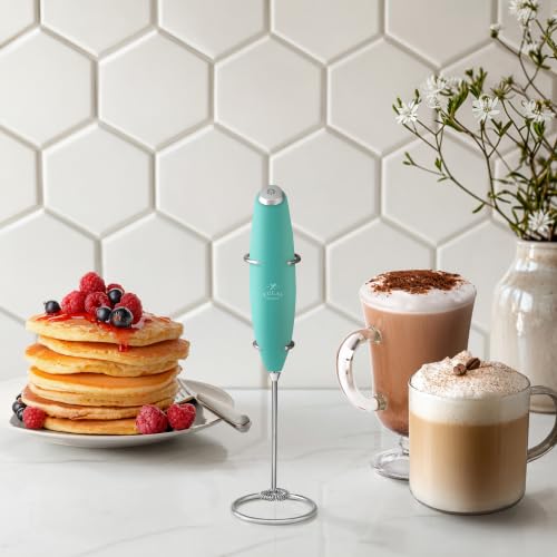 Image of Zulay Kitchen Powerful Milk Frother Wand With Duracell Batteries - Ultra Fast Handheld Drink Mixer - Electric Whisk Foam Maker for Coffee, Lattes, Cappuccino & Matcha - Z1 Motor - Aqua
