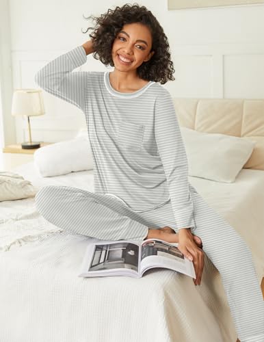 Image of Ekouaer 2 Pack Womens Pajama Sets Long Sleeve Lounge Sets Soft Pj Sleepwear Loungewear