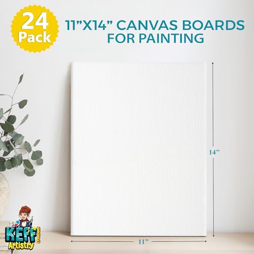 KEFF Canvas Boards for Painting - 11x14 24-Pack Art Paint Canvases - Bulk Canvas Panels Set - 100% Cotton Primed Painting Supplies for Acrylic, Oil, Watercolor & Tempera
