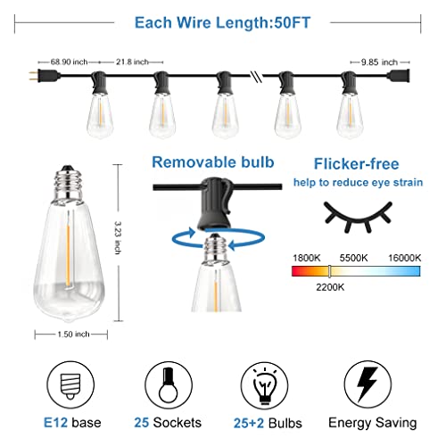 Globelit Outdoor String Lights Waterproof Shatterproof Patio String Lights With 27 Dimmable Bulbs Warm White String Lights For Outside Connectable Backyard Lights 50Ft Patio Lights #TOP1
