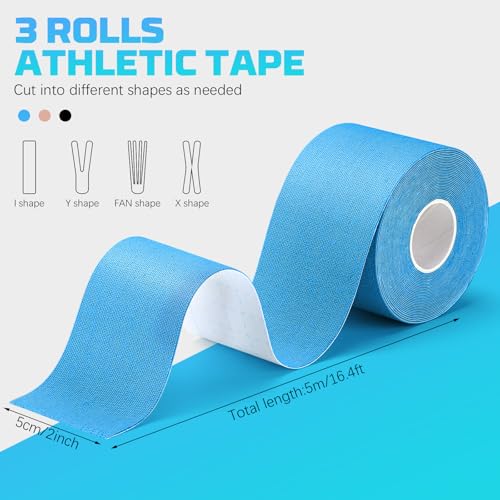 Image of 3 Rolls Kinesiology Tape, 3 Color 2 Inch x 16.4 Feet Uncut Sports Tape with Scissors, Elastic Athletic Tape Waterproof Knees Tape for Ankle Wrists Shoulders Muscle Exercise and Daily Use