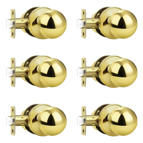 Probrico 6 Pack Round Polished Brass Passage Door Knobs Interior Door Handles for Hallway Closet, Keyless Passage Door Lock