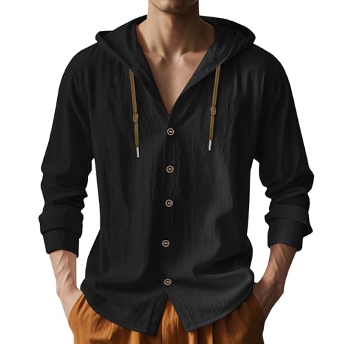 Men Cotton Long Sleeve Button Down Shirt Summer Casual Hawaiian Beach Tops Lightweight Fashion Hoodies