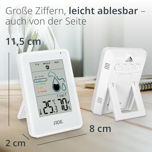ADE Digitales Hygrometer innen mit Schimmelalarm | Feuchtigkeitsmessgerät mit Thermometer | großes LCD-Display | weiß