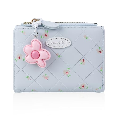 Small Womens Wallet, Floral Cute Wallet Texture PU Leather Ladies Wallet Multi-Slot Credit Card Holder with ID Window Zipper Coin Pocket (Blue)
