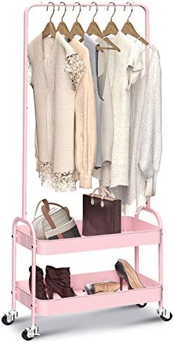 KINGRACK 2-in 1 Garment Rack, Clothing Rack with 2 Tier Metal Basket, Rolling Storage Cart Clothes Organizer Coat Rack Storage Stand on Wheels, for Home Bedroom Laundry Small Place Entryway, Pink