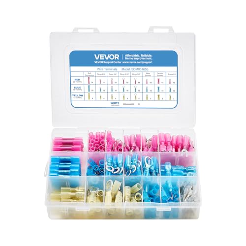 VEVOR Heat Shrink Wire Connectors, 320PCS, Electrical Waterproof Crimp Connectors Terminals Kit, Insulated Butt Ring Fork Spade Splices, 26–22 22–16 16–14 12–10 Gauge, for Industrial Marine Automotive