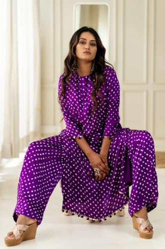 Image of LookMark Women Cotton Blend Bandhej Printed Bandhani Kurta Palazzo Set With Sequence Lace