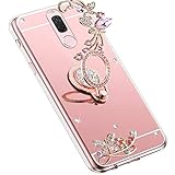 Uposao Kompatibel mit Huawei Mate 10 Lite Handyhülle Strass Diamant Bling Glitzer Spiegel Schutzhülle Mirror Case Schmetterling Blumen Silikon Hülle Tasche mit Ring Halter Ständer,Rose Gold