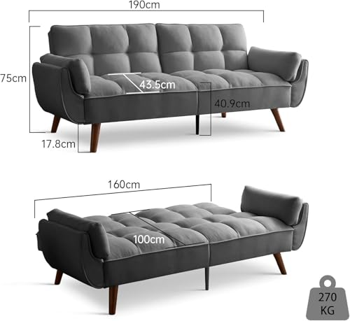 JIEXI Sofa 3 Sitzer Schlafsofa mit Schlaffunktion, Klappsofa Sofa 3 Sitzer, Schlafsofa 190x75cm, Bequemes Geeignet Für Wohnzimmer, Zimmer, Schlafzimmer (Dunkel Grau) – Bild 3