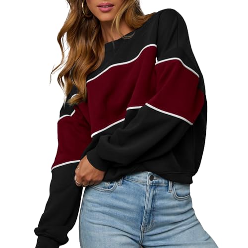 Image of LACOZY Winter Color Block Tunic Sweatshirts for Women Slouchy Long Sleeve Crew Neck Striped Pullover Shirt Tops BlackS