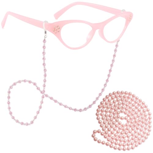 Old Lady Costume Accessories for Women Rhinestone Cat Eye Glasses Beaded Glasses Chain and Faux Pearl Necklace Pink Grandma Dress Up Accessories for Halloween Christmas Cosplay Party