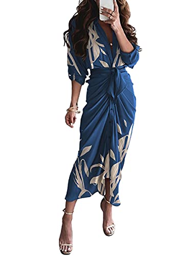 Onsoyours Donne Elegante Abito da Cerimonia Sera Lungo Schienale Fascia Vestito Senza Maniche Estivo Casual Floreale Fiori Fantasia Dress B Blu L