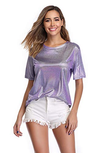 andy & natalie Women's Shiny Top Holographic Metallic Shirt Shimmer Sparkles Glitter Blouse