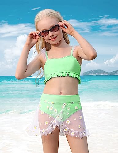 Girls Swimsuit Girls Bathing Suit 2 Piece Swimsuit Swimsuit For Girls 10 12 Daisy Print Bathing Suit Mesh Ruffle Trim Bikinis Tankini Sets Swimwear With Cover Up Skirt 11-12 Years Green #TOP1