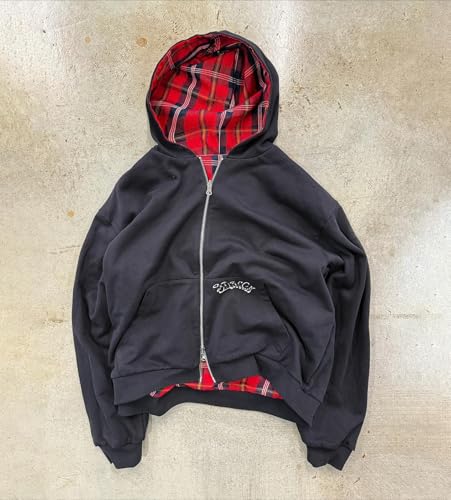 Y2k Grunge Plaid Zip Up Hoodie Men Streetwear Jacket Oversized 2000s Graphic Hoodie Fall Baggy Rapper Sweatshirts3