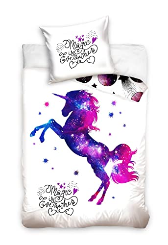 rainbowFUN Magic Einhorn Kinder-Bettwäsche-Set 135x200 / 80x80 Baumwolle Unicorn Mädchen, Lila, Rosa,weiß Cover