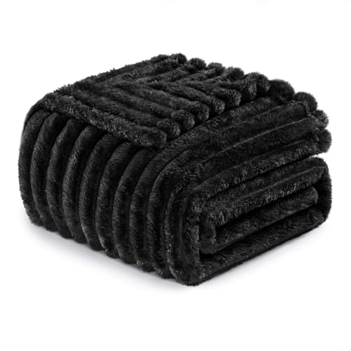 Exclusivo Mezcla Fleece Throw Blanket for Couch, Super Soft Striped Jacquard Bed Blanket, Lightweight Fuzzy Cozy for All Seasons, 127x152 CM, Black Exclusivo Mezcla Fleece Throw Blanket for Couch, Super Soft Striped Jacquard Bed Blanket, Lightweight Fuzzy Cozy for All Seasons, 127x152 CM, Black