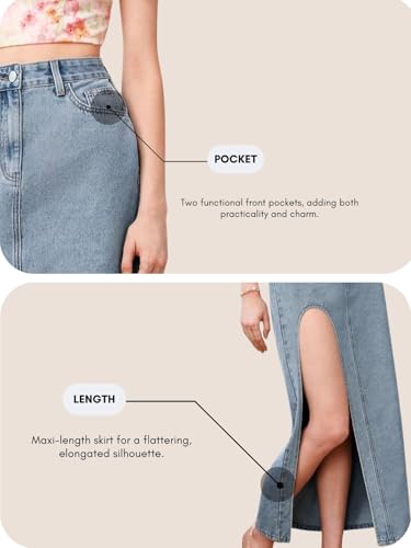 Image of GRECIILOOKS Women's High Waist Denim Skirt with Front Slit - Long Maxi Jean Skirt Casual Fashion - Stylish Denim Skirts for Women
