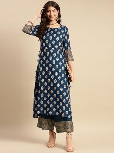 Image of rangita Navy Rayon Printed A-line Kurta with Palazzo | Kurta Set for Women