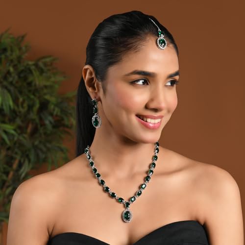 Image of I Jewels Silver Plated Stylish Design Crystal Diamond Necklace With Earrings & Maang Tikka Jewellery Set for Women