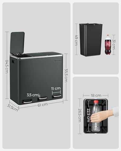 SONGMICS Vuilnisbak met 3 bakken, afvalemmer met 3 vakken, deksel met langzame sluiting, met emmer aan de binnenkant en handgrepen, voor keuken - Afbeelding 6