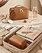 BAGSMART Makeup Bag Travel Cosmetic Bag, Large Make Up Bag Flat Open Toiletry Bag for Women, Waterproof PU Leather Travel Essentials Organizer Case, Wide-open Pouch Purse for Skincare, Brushes, Camel