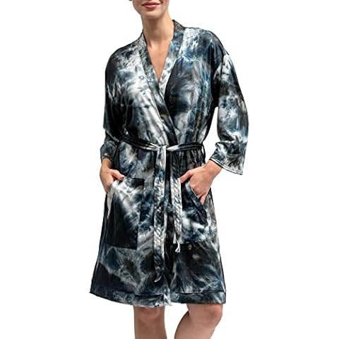 Hello Mello Dyes The Limit Lounge Robe 2.0 Women Soft Hand-Dyed Lightweight Bathrobe With Mid-Length Sleeves Waist Tie Belt - Black, Small/Medium Cover