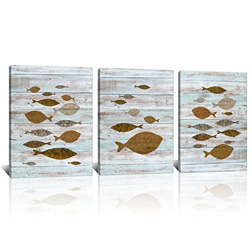 Dekhome 3 Pieces Vintage Tropical Fish Canvas Wall Art Animals Prints On Wooden Background Ocean Life Picture For Bathroom Bedroom Office Ready To Hang 12"X16"X3Pcs #TOP11
