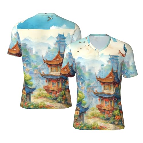 Stylish Athletic Sports Jersey Cartoon-Ancient-Pagodas Men's Rugby Jersey Large Black