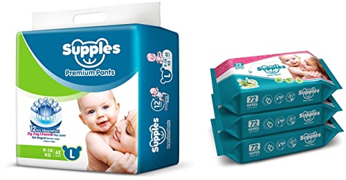 Image of Supples Baby Pants Diapers, Large, 62 Count with Wet Wipes (Pack of 3)