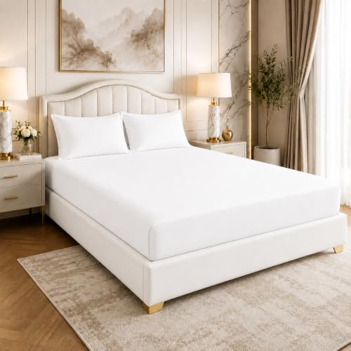 Image of LINENWALAS 100% Cotton Fitted Bedsheet, 400tc Long Staple Imported Egyptian Cotton, Soft, Premium Bed Sheet with Pillowcase for Queen Bed All-Around Elastic for 4-8 Inch Mattresses (60 inch x78 inch, White)