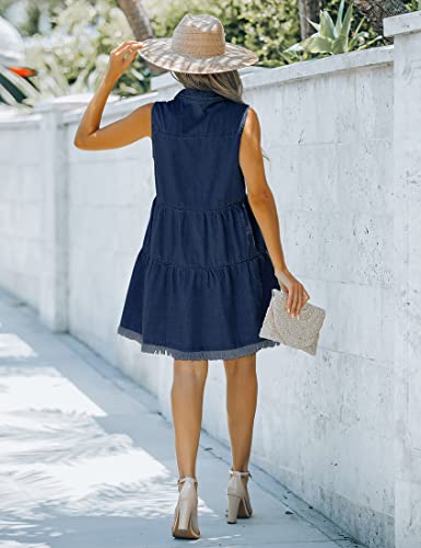 Image of luvamia Women's Casual Summer Lapel Sleeveless Button Down Short Denim Jean Dress