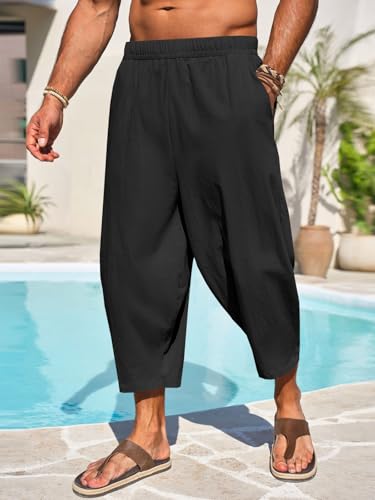 Runcati Mens Cotton Harem Capri Pants Yoga Beach Baggy 3/4 Shorts Pants Casual Elastic Waist Hippie Boho Pants3