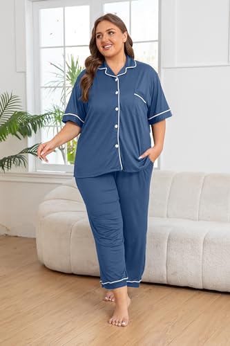 Image of Vozanet Women's Plus Size Pajamas Button Down Shirt and Pants Soft Lounge Sets Bride Nighty Bottom with Pockets 1x to 5x