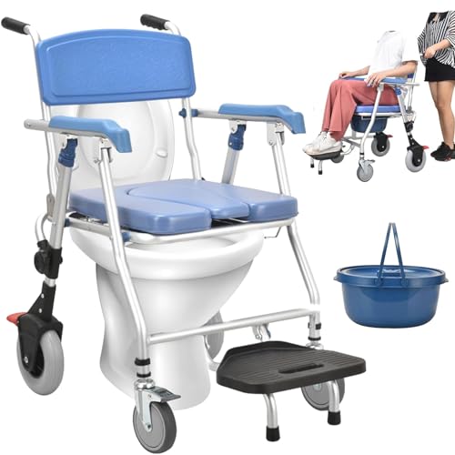 vanenferse Silla Ducha WC con Ruedas Plegable, Silla de Ducha con Ruedas para Personas Mayores, Cubeta Extraíble, Silla Inodoro y Ducha con Reposabrazos y Respald, Impermeable y Antideslizante
