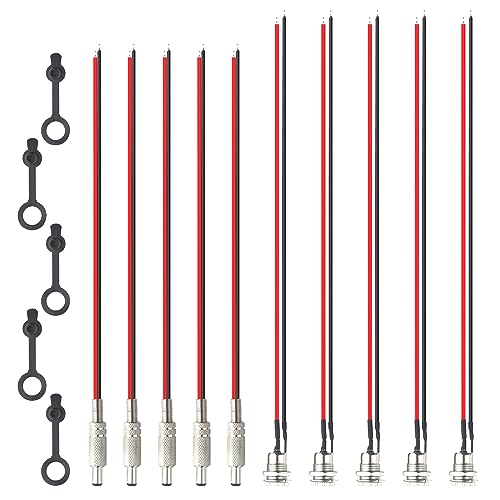 XINGYHENG 10PCS(5Pairs) 5 Sets 5.5 x 2.1 mm DC Power Jack Socket Female Threaded Barrel Jack Panel Mount Connector with Pre-soldered Wires and Cover Cap for MP3 Phone Audio Video CCTV