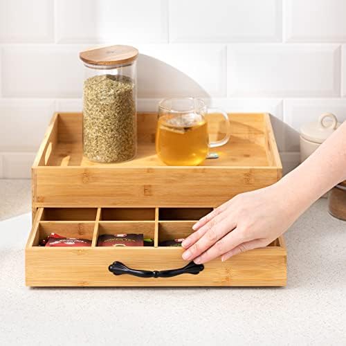 Navaris Bamboo Tea Box and Tray - Serving Tray with Storage for Tea Bags with Bag Organiser Drawer - 12 Compartment Tea Storage with Carry Tray