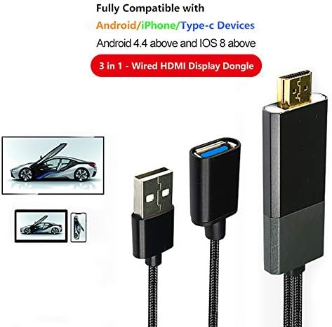 Compatible with iOS iPhone iPad/Android Phones Tablet MHL to HDMI Cable (1m), USB Capture Video to HDMI Screen Mirroring Display Dongle for Phones to TV/Projector/Monitor 1080P HD,Plug and Play