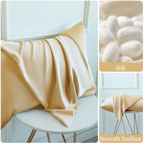 2 Pack Mulberry Silk Pillow Cases Standard Size with Hidden Zipper, Ultra Smooth and Soft Breathable Cooling Silk Satin Pillowcase for Hair and Skin, Gifts for Women Men(Champagne Gold,Standard) - image 6