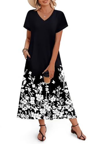 Image of Zeagoo Women Summer Floral Dress Short Sleeve Beach Dress with Pockets Casual V-Neck Split Long T-Shirt Dress Travel Vacation