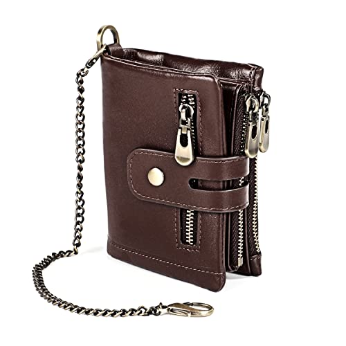Chain Wallet for Men Genuine Leather Bifold Wallets Rfid Blocking Men Purse Double Zipper Coin Pocket with Anti-Theft Chain