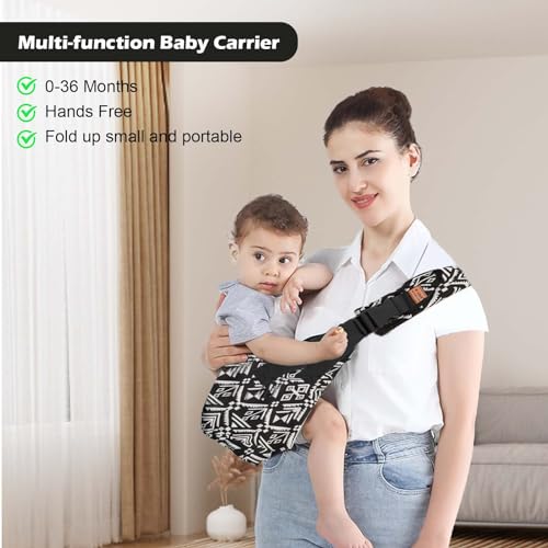 Babytrage Seitlich, Verstellbare Kindertrage, Multifunktionale Babytrage, Tragbar Baby Tragetuch für Babys von 0 bis 36 Monaten, Kleinkinder bis 15kg (Schwarz Muster)