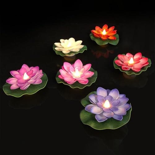 Eawfgtuw Lot de 6 nénuphars artificiels flottants à LED pour feuilles de fleurs, étang, piscine, décoration de jardin, jaune et coloré, en mousse PP clignotante (LED colorée)