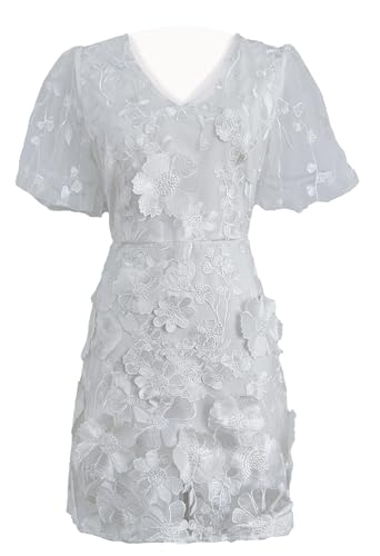 LAI MENG FIVE CATS Damen-Minikleid mit 3D-Blumenstickerei, Tüll, V-Ausschnitt, Puffärmel, Spitze, Netzstoff, Weiss/opulenter Garten, Groß