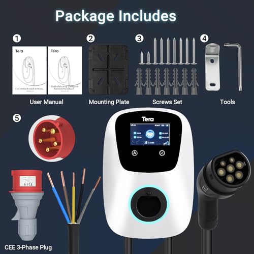 Tera EV Charger Smart App with 32A Type 2 22kW or 11kW Home Charging Station 400V CE & TÜV Wallbox 7 m Charging Cable with Charger Holder App Control CEE 3-Phase Plug for All EVs and PHEVs W01 White