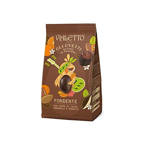Vialetto Ovetti di Cioccolato Pino Il Pulcino | Cioccolato Fondente, Crema al Cacao, Mandorla e Arancia | Confezione in Carta Certificata FSC da 150 gr | Ovetti Monodose a Caramella da 8 gr cad.