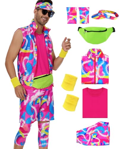 80s Workout Outfit Costume for Men Halloween Jackets Leotard Couples Outfits Classic Cosplay Top Vest Beach Shorts S