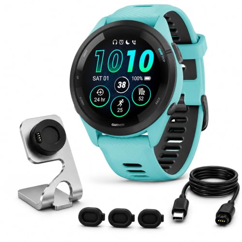 Garmin Forerunner 265 Running GPS Smartwatch, AMOLED Display, 46mm, Aqua/Black, 010-02810-02 - Bundle w/Deco Essentials Charging Dock, Dust Cover and USB-C Cable